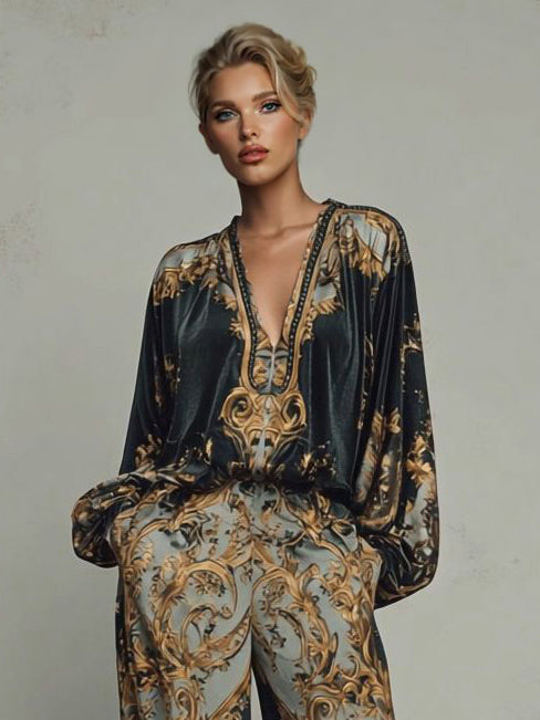 Retro Baroque Print Deep V-Neck Relaxed Fit Set