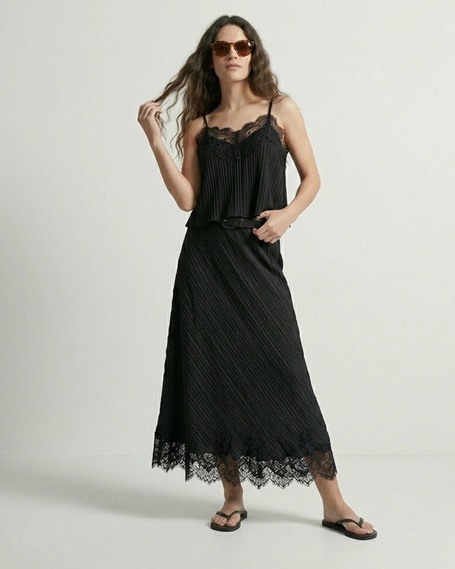 Lace Trim Pleated Cami Top & Midi Skirt Two-Piece Set