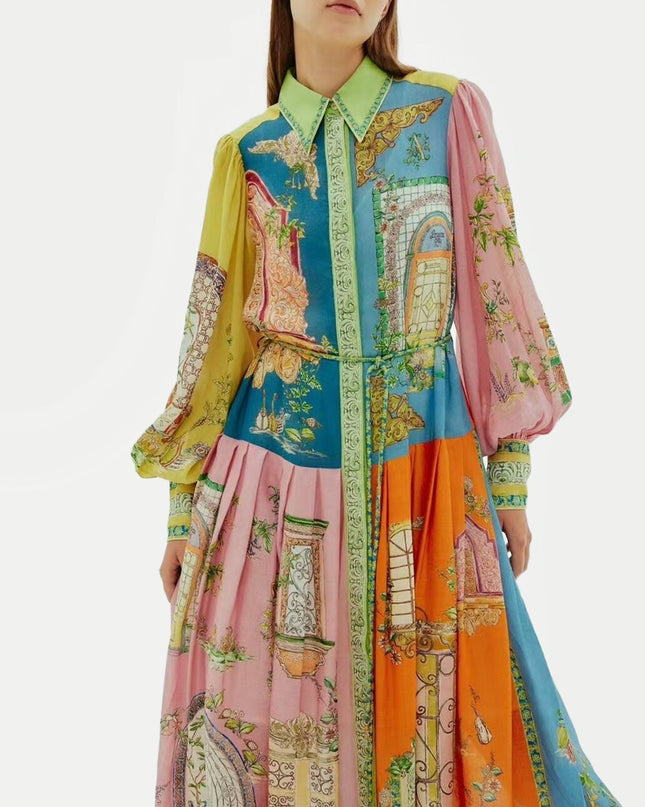 Vintage-Inspired Printed Button-Up Midi Dress