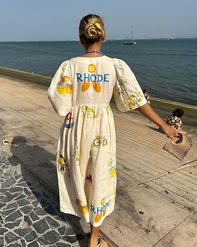 "Coastal Postcard" Destination Print Midi Dress