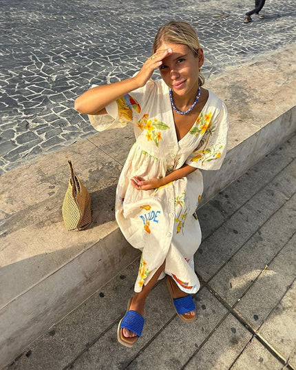 "Coastal Postcard" Destination Print Midi Dress