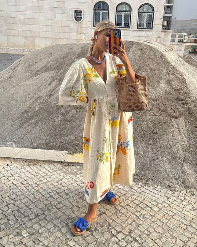 "Coastal Postcard" Destination Print Midi Dress