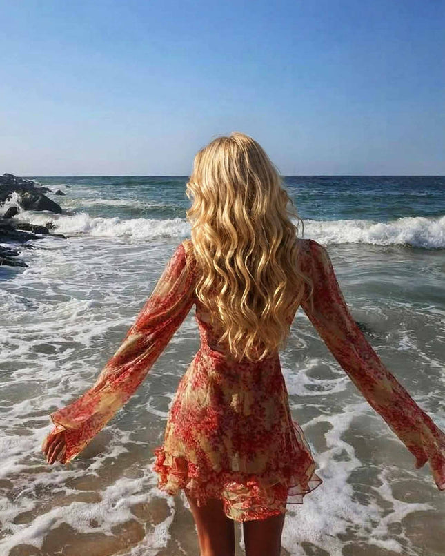 Deep V-Neck Printed Mini Dress