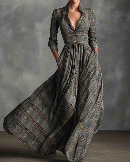 Retro Lapel Plaid Single-Breasted Maxi Dress