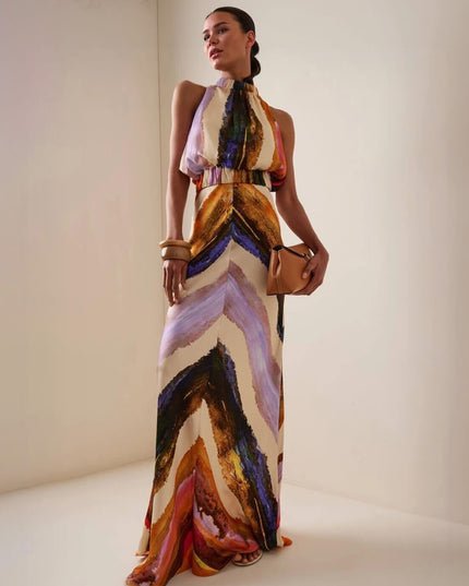 Elegant Abstract Print Tank Top And Maxi Skirt Set