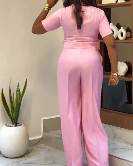 "Barbie Stripe" Pink Short-Sleeve Top & Wide-Leg Pants Two-Piece Set