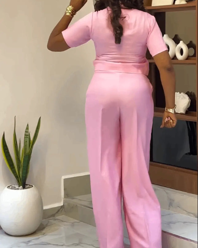 "Barbie Stripe" Pink Short-Sleeve Top & Wide-Leg Pants Two-Piece Set