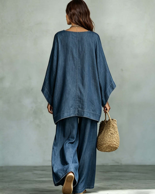 Casual Denim Batwing Asymmetrical Top & Wide Leg Pants Set