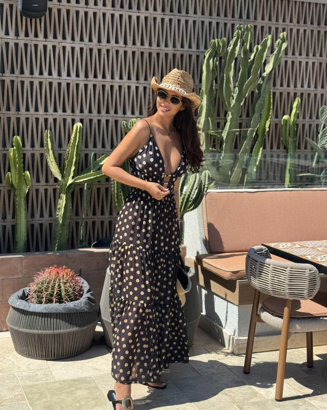 "Golden Dot" Polka Dot 2-in-1 Maxi Dress & One-Piece Swimsuit Set