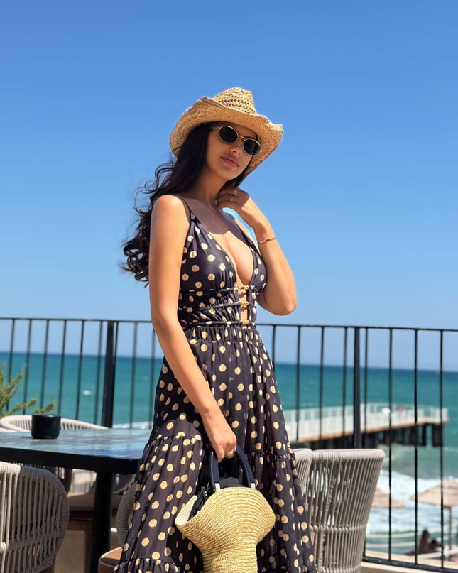"Golden Dot" Polka Dot 2-in-1 Maxi Dress & One-Piece Swimsuit Set