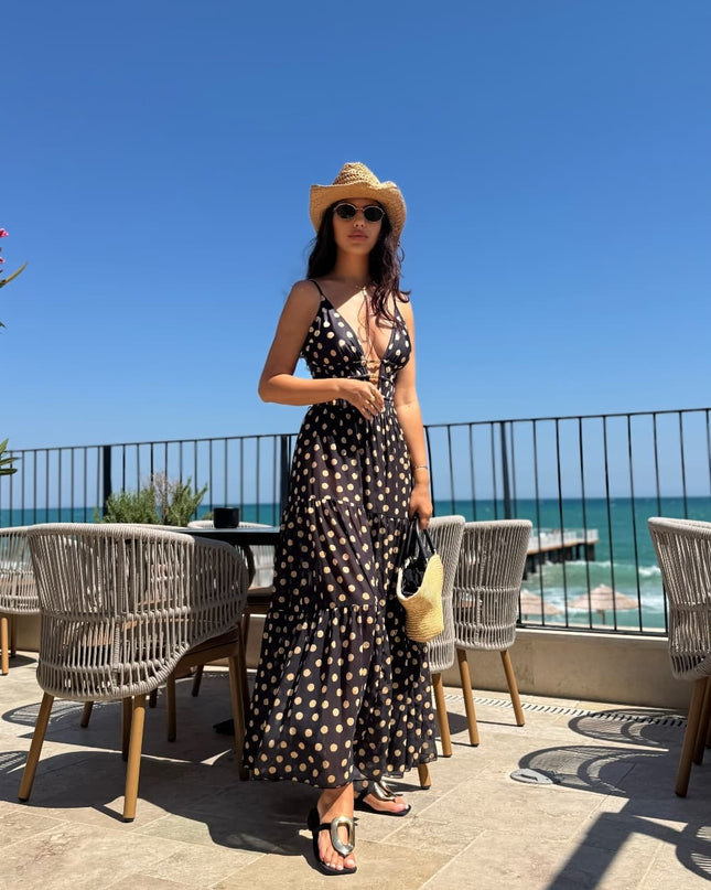 "Golden Dot" Polka Dot 2-in-1 Maxi Dress & One-Piece Swimsuit Set