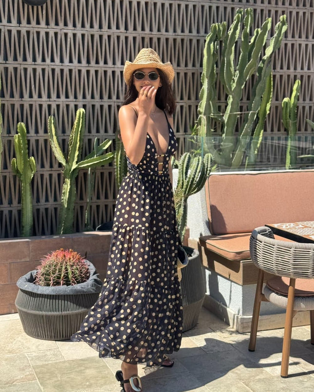 "Golden Dot" Polka Dot 2-in-1 Maxi Dress & One-Piece Swimsuit Set
