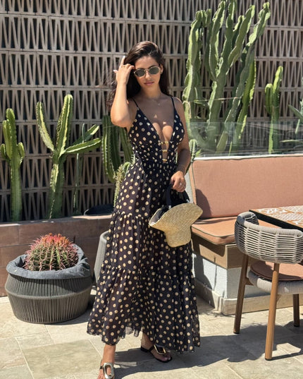 "Golden Dot" Polka Dot 2-in-1 Maxi Dress & One-Piece Swimsuit Set