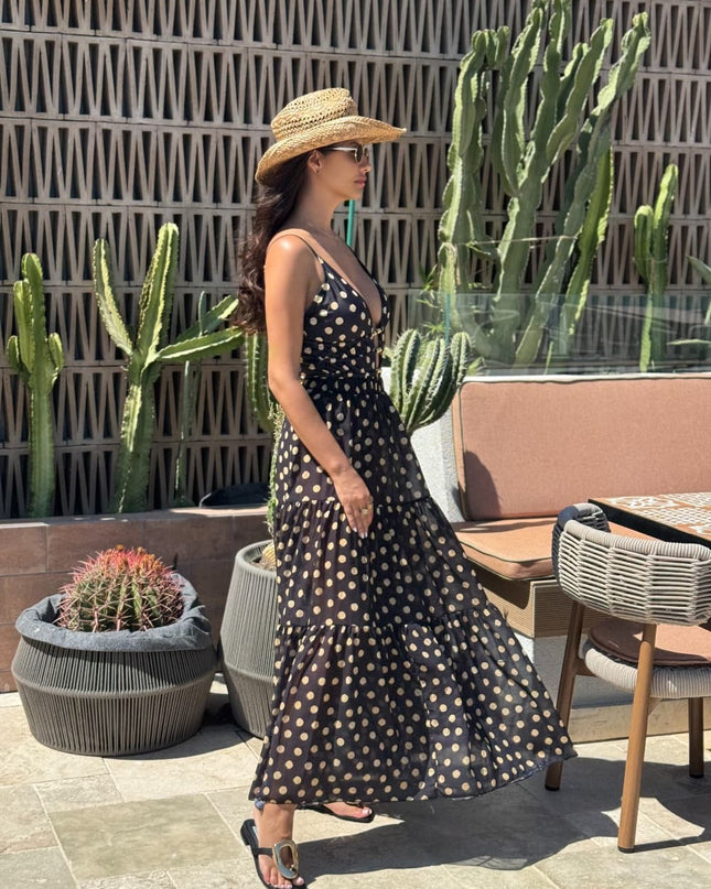 "Golden Dot" Polka Dot 2-in-1 Maxi Dress & One-Piece Swimsuit Set