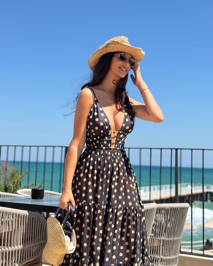 "Golden Dot" Polka Dot 2-in-1 Maxi Dress & One-Piece Swimsuit Set