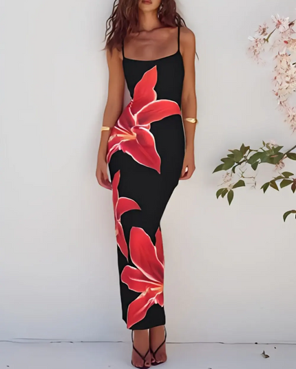 "Scarlet Lily" Black & Red Floral Print Bodycon Maxi Dress
