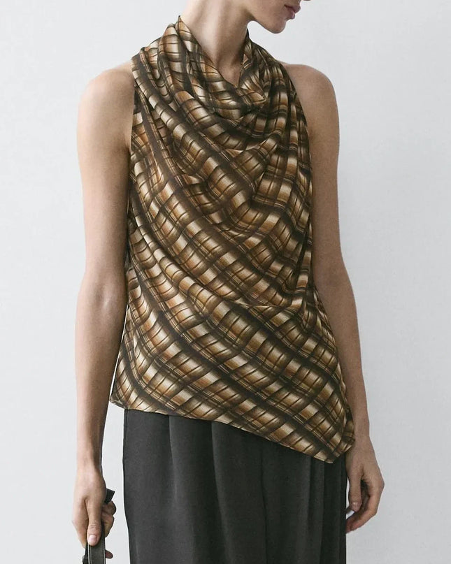 Brown Plaid Halter Top & Balloon Pants Two-Piece Set