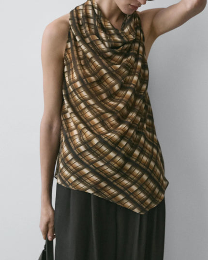 Brown Plaid Halter Top & Balloon Pants Two-Piece Set