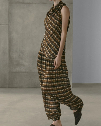Brown Plaid Halter Top & Balloon Pants Two-Piece Set