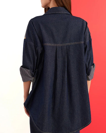 Patchwork Denim Shirt Wide-Leg Pant Two-Piece Set