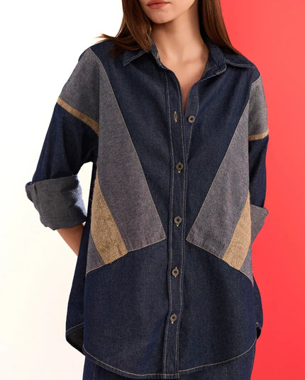Patchwork Denim Shirt Wide-Leg Pant Two-Piece Set