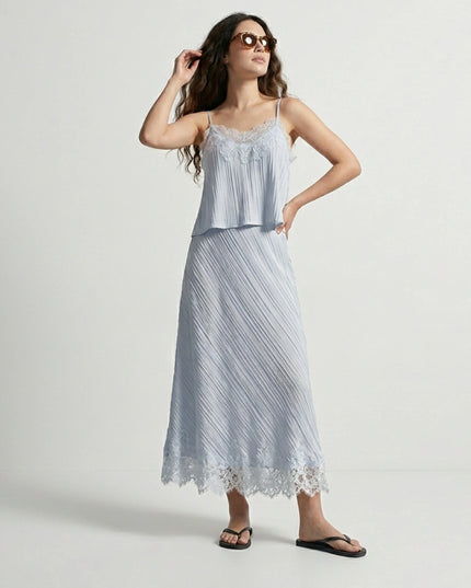 Lace Trim Pleated Cami Top & Midi Skirt Two-Piece Set