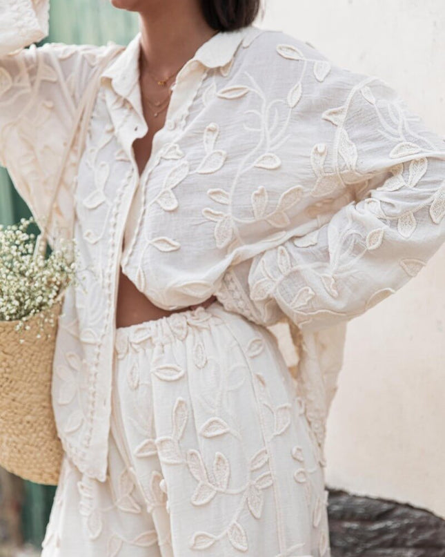 "Botanical Whisper" Cream Textured Floral Two-Piece Set