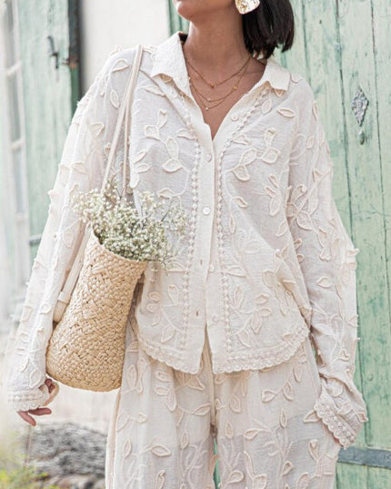 "Botanical Whisper" Cream Textured Floral Two-Piece Set