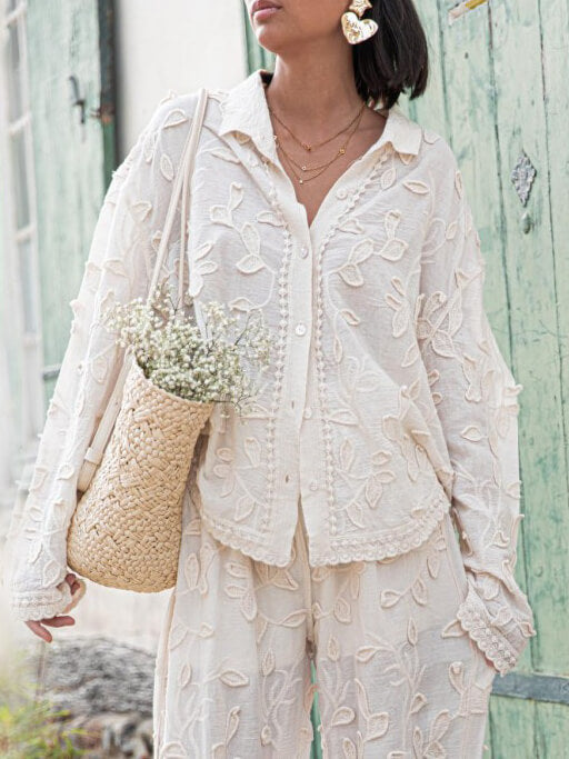 "Botanical Whisper" Cream Textured Floral Two-Piece Set