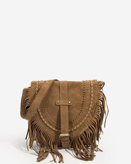 Faux Suede Fringed Buckle Decorated Bag