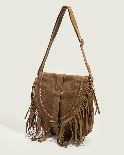 Faux Suede Fringed Buckle Decorated Bag