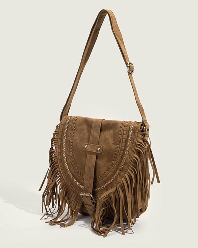 Faux Suede Fringed Buckle Decorated Bag