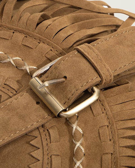 Faux Suede Fringed Buckle Decorated Bag