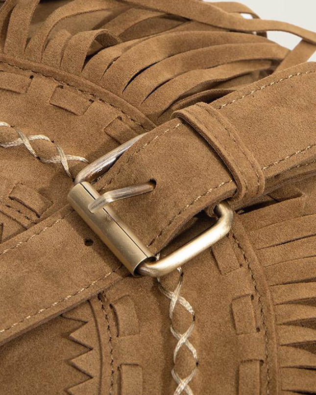 Faux Suede Fringed Buckle Decorated Bag