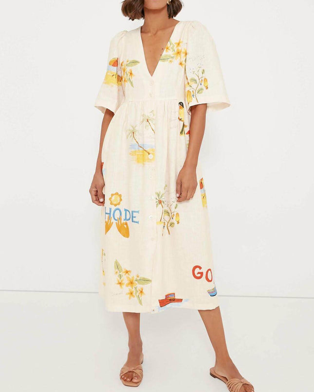 "Coastal Postcard" Destination Print Midi Dress
