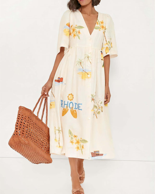 "Coastal Postcard" Destination Print Midi Dress