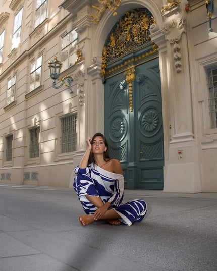 "Ocean Wave" Blue Abstract Zebra Print Satin Two-Piece Set