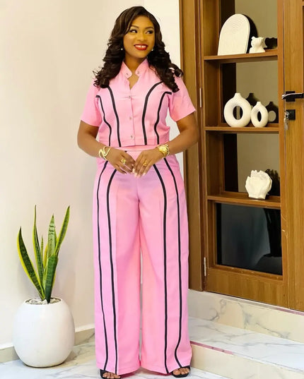 "Barbie Stripe" Pink Short-Sleeve Top & Wide-Leg Pants Two-Piece Set