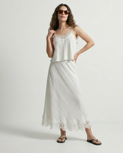 Lace Trim Pleated Cami Top & Midi Skirt Two-Piece Set