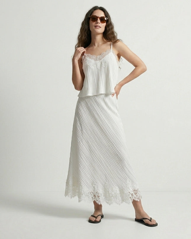 Lace Trim Pleated Cami Top & Midi Skirt Two-Piece Set